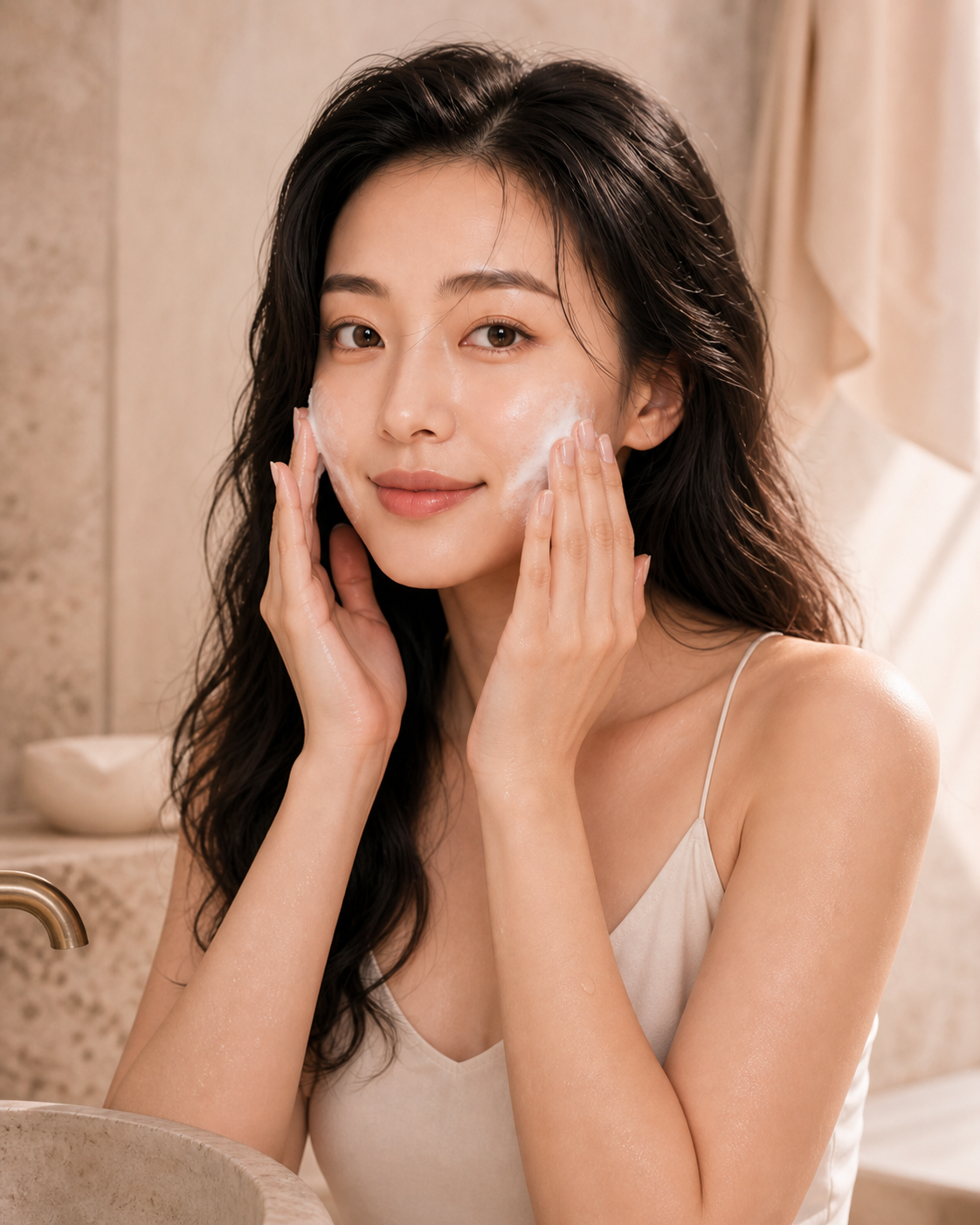 Woman gently cleansing her face