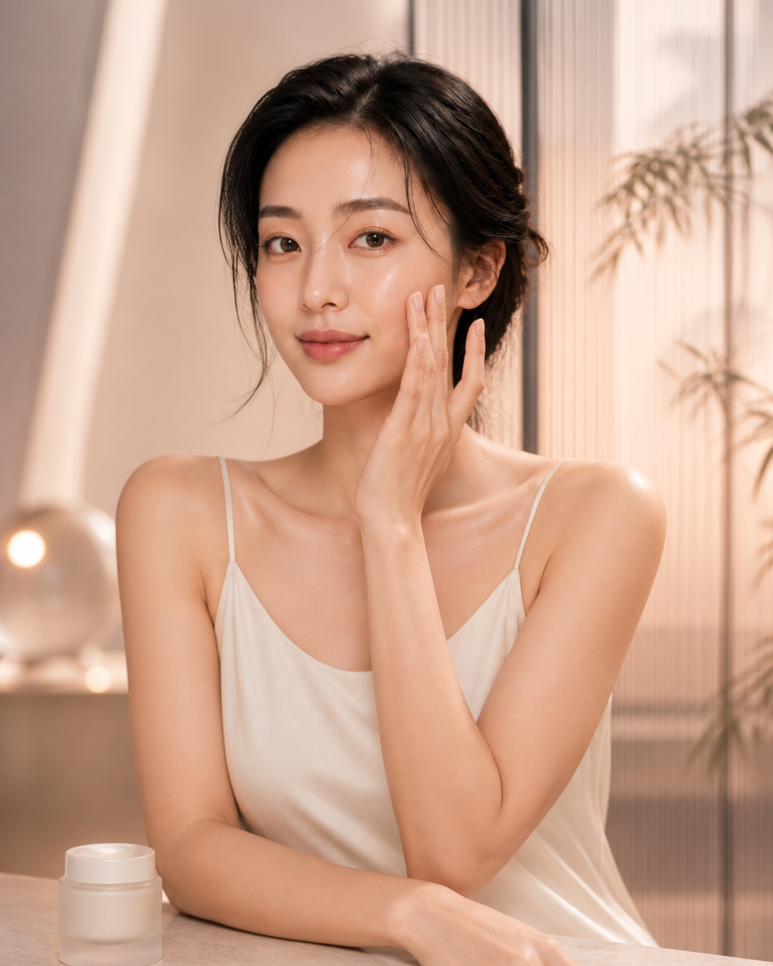 Woman pressing moisturizer into her skin